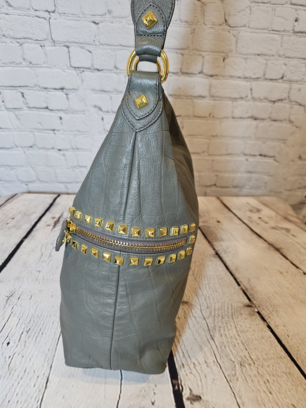 Betsey Johnson Y2K Gray Leather Studded Hobo Bag - Picture 6 of 12